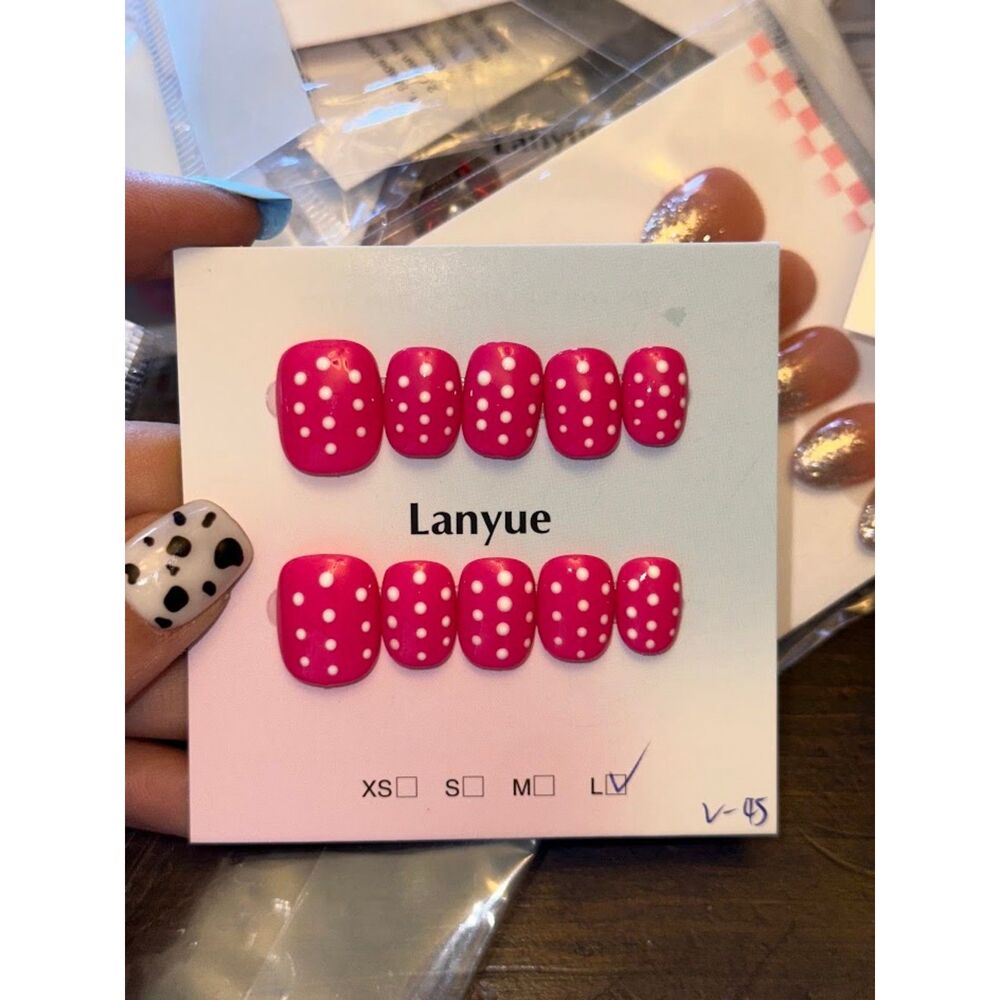 Pink Polka Dot Nubby Round Press On Nails Size Large